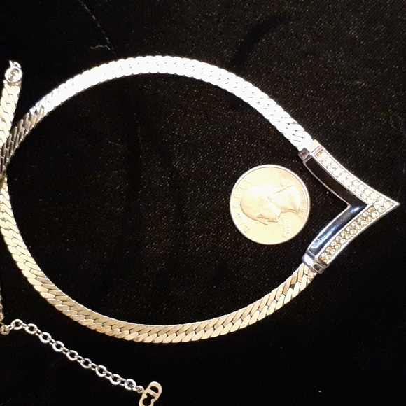 RARE SILVER Vintage Christian Dior V Chevron cz enamel necklace 16-18" - Picture 9 of 10